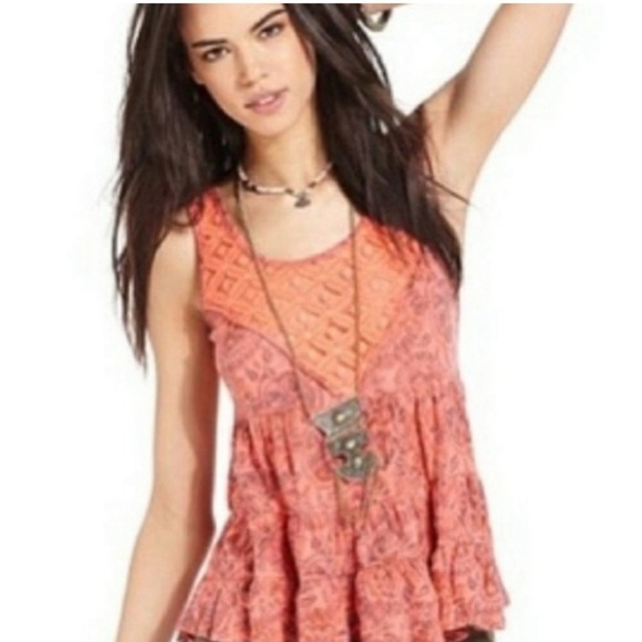 Free People Coral Floral Tiered Boho Tank Top (S) - Picture 1 of 7
